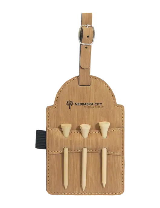 Bamboo Leatherette Golf Bag Tag with 3 Wooden Tees w/Nebraska City Logo