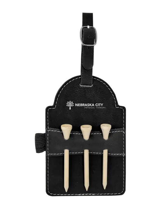 Black Leatherette Golf Bag Tag with 3 Wooden Tees w/Nebraska City Logo
