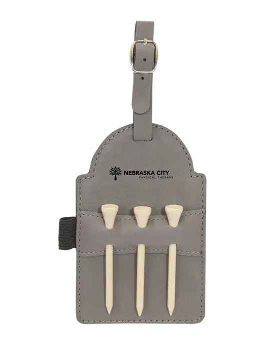 Grey Leatherette Golf Bag Tag with 3 Wooden Tees w/Nebraska City Logo