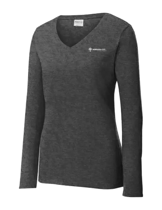 Womens  V-Neck Ring Spun Dark Heather Grey 4.5 oz Long Sleeve T-Shirt w/Nebraska City Logo