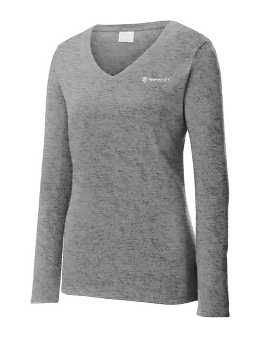 Womens  V-Neck Ring Spun Grey Heather 4.5 oz Long Sleeve T-Shirt w/Nebraska City Logo