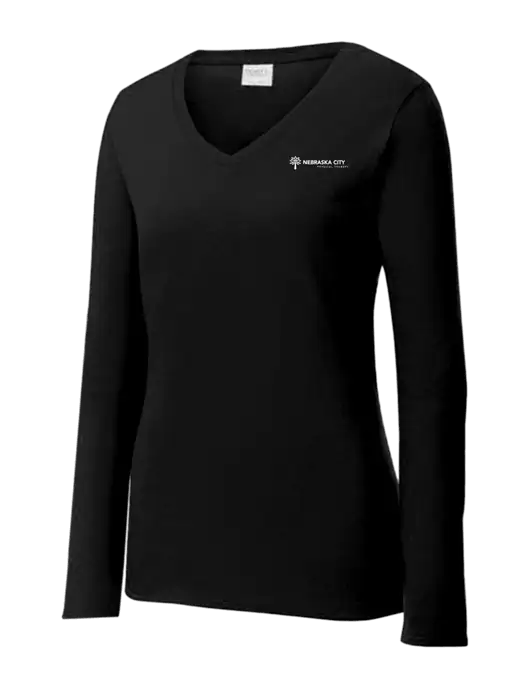 Womens V-Neck Ring Spun Jet Black 4.5 oz Long Sleeve T-Shirt w/Nebraska City Logo