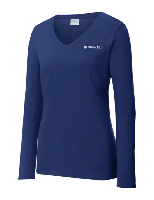 Womens  V-Neck Ring Spun Navy 4.5 oz Long Sleeve T-Shirt w/Nebraska City Logo