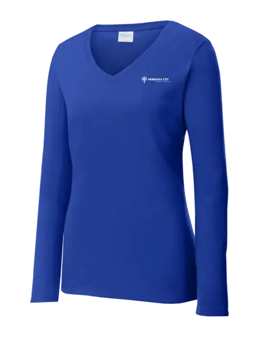 Womens  V-Neck Ring Spun Royal 4.5 oz Long Sleeve T-Shirt w/Nebraska City Logo