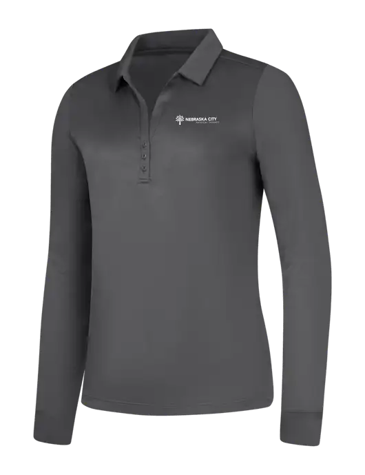 Womens Dark Grey Silk Touch Performance Long Sleeve Polo w/Nebraska City Logo
