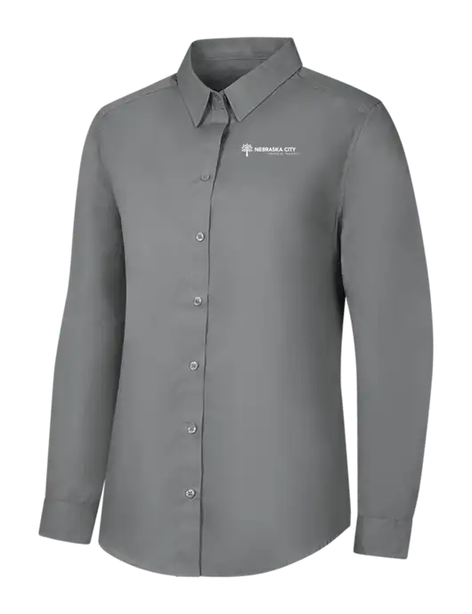 Womens Medium Grey Long Sleeve Carefree Poplin Shirt w/Nebraska City Logo
