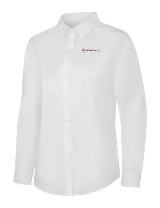 Womens White Long Sleeve Carefree Poplin Shirt w/Nebraska City Logo