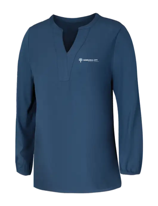 Mercer+Mettle Womens Light Navy Blue Grey Stretch Crepe 3/4 Sleeve Blouse w/Nebraska City Logo