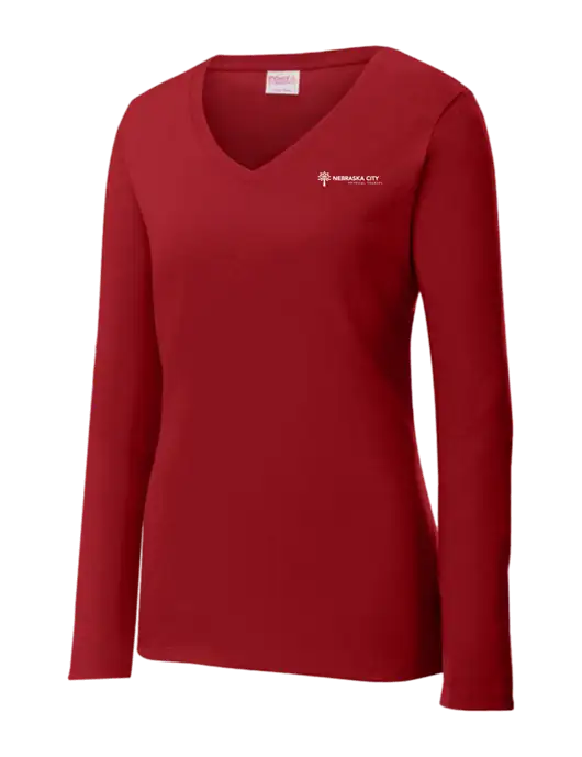 Womens V-Neck Ring Spun Cardinal 4.5 oz Long Sleeve T-Shirt w/Nebraska City Logo