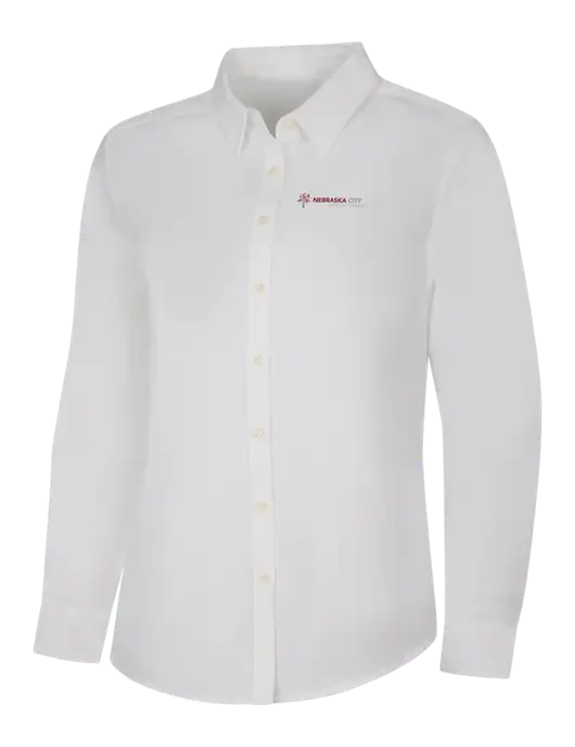 Womens White Long Sleeve Superpro React Twill Shirt w/Nebraska City Logo