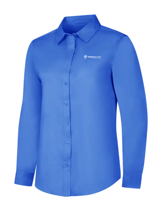 Dark Carolina Blue Womens Long Sleeve Superpro React Twill Shirt w/Nebraska City Logo