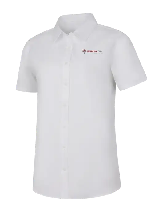 Womens White Short Sleeve Superpro React Twill Shirt w/Nebraska City Logo