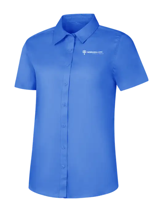 Womens Dark Carolina Blue Short Sleeve Superpro React Twill Shirt w/Nebraska City Logo