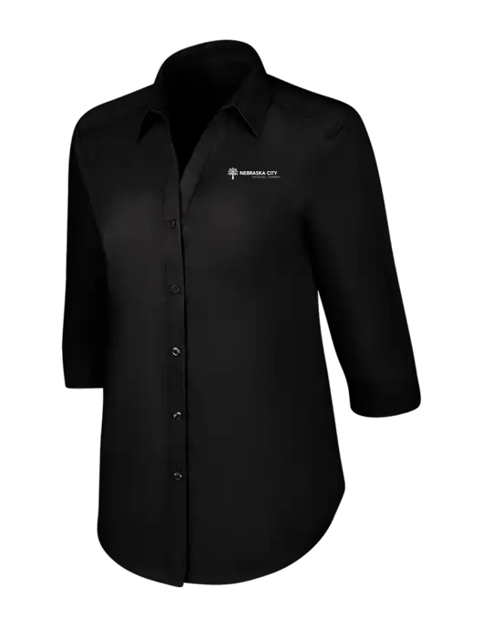 Womens Black 3/4 Sleeve Carefree Poplin Shirt w/Nebraska City Logo