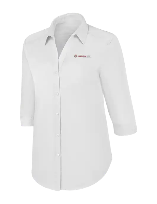 Womens White 3/4 Sleeve Carefree Poplin Shirt w/Nebraska City Logo