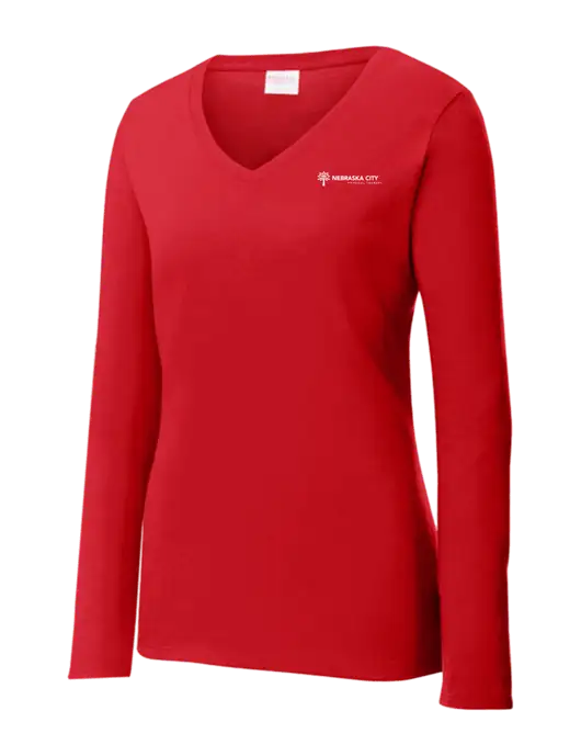 Womens  V-Neck Ring Spun Bright Red 4.5 oz Long Sleeve T-Shirt w/Nebraska City Logo
