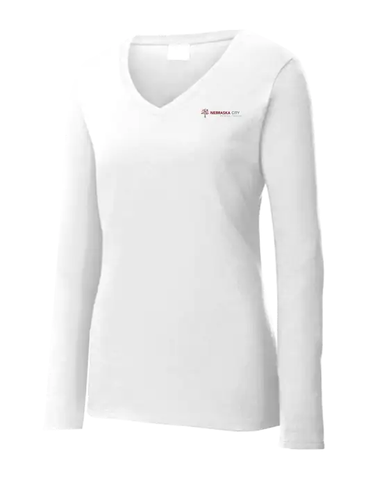 Womens  V-Neck Ring Spun White 4.5 oz Long Sleeve T-Shirt w/Nebraska City Logo