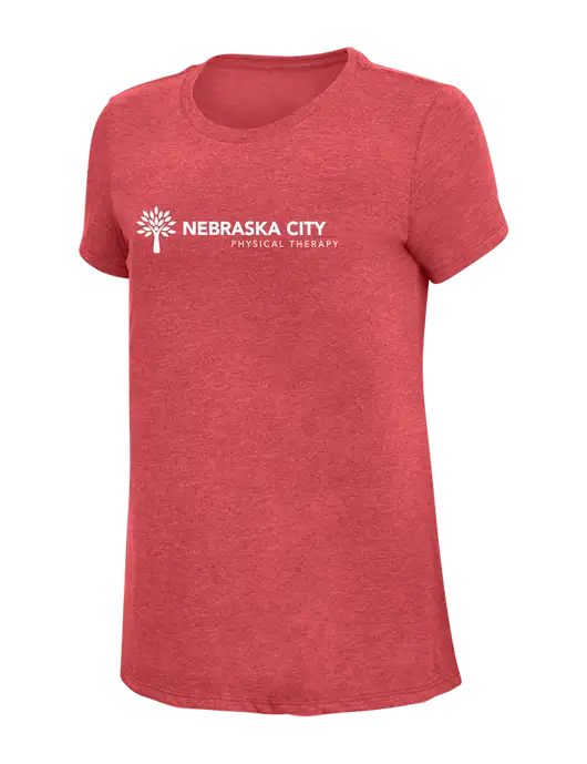 Womens Simply Soft Red Frost 4.5oz Poly/Combed Ring Spun Cotton T-Shirt w/Nebraska City Logo