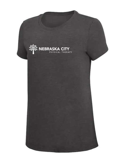 Womens Simply Soft Heather Charcoal 4.5oz  Poly/Combed Ring Spun Cotton T-Shirt w/Nebraska City Logo