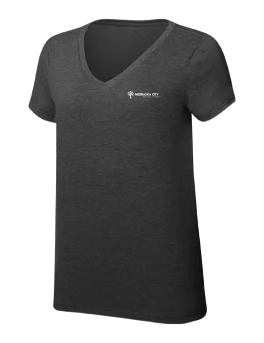 Womens Simply Soft V-Neck Black Frost 4.5oz  Poly/Combed Ring Spun Cotton T-Shirt w/Nebraska City Logo