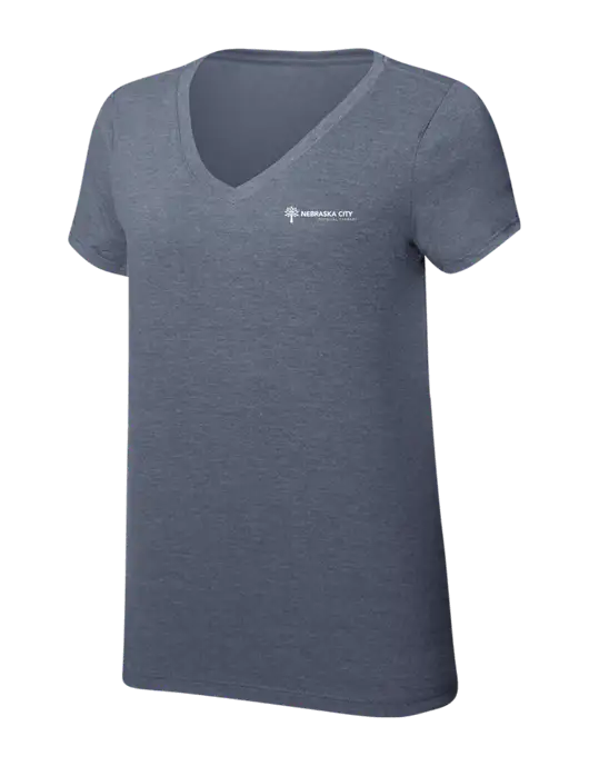 Womens Simply Soft V-Neck Navy Frost 4.5oz  Poly/Combed Ring Spun Cotton T-Shirt w/Nebraska City Logo