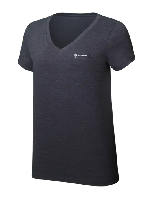 Womens Simply Soft V-Neck Heather Charcoal 4.5oz  Poly/Combed Ring Spun Cotton T-Shirt w/Nebraska City Logo