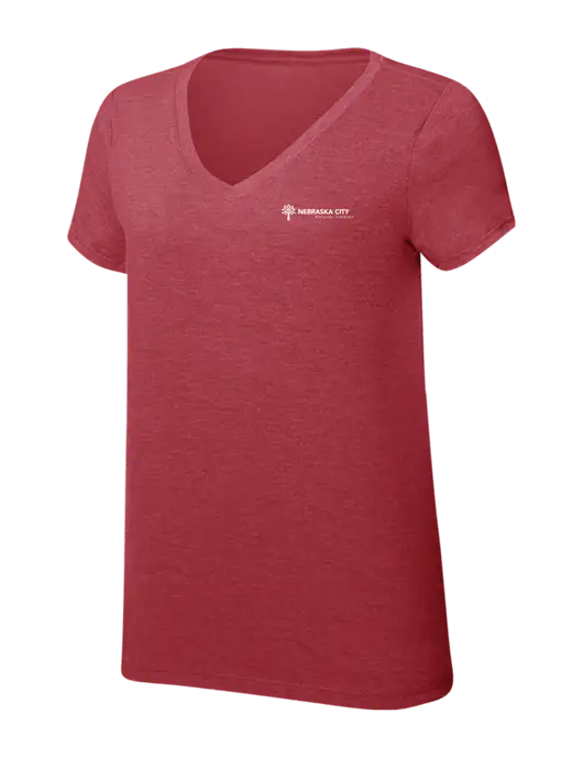 Womens Simply Soft V-Neck Red Frost 4.5oz  Poly/Combed Ring Spun Cotton T-Shirt w/Nebraska City Logo