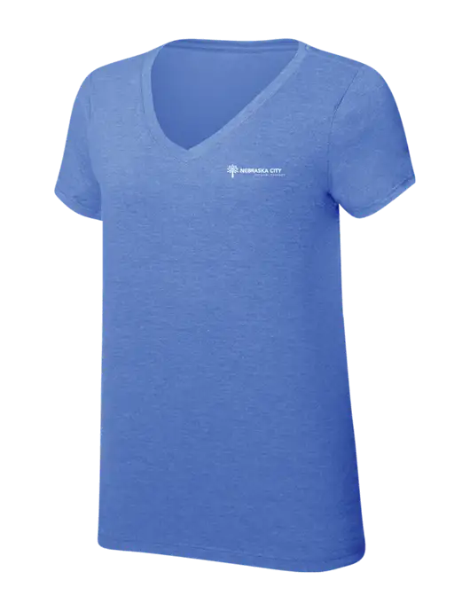 Womens Simply Soft V-Neck Royal Frost 4.5oz  Poly/Combed Ring Spun Cotton T-Shirt w/Nebraska City Logo