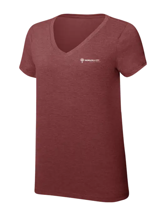 Womens Simply Soft V-Neck Maroon Frost 4.5oz  Poly/Combed Ring Spun Cotton T-Shirt w/Nebraska City Logo