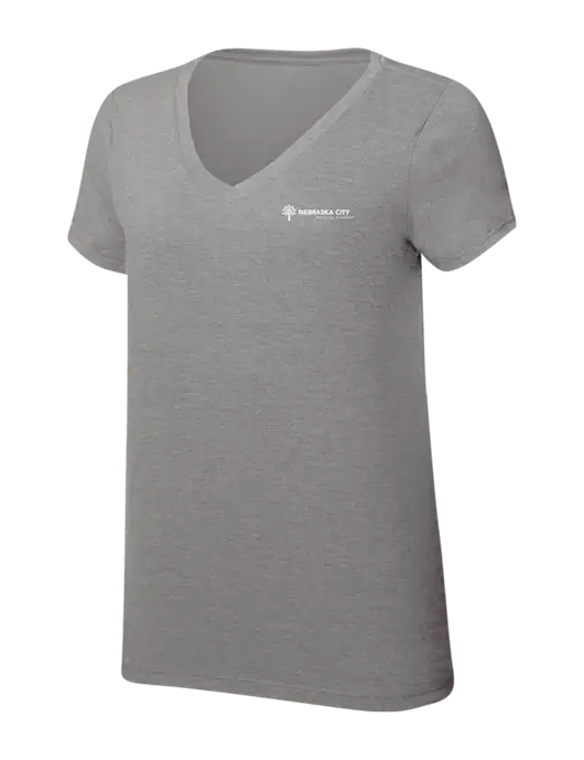 Womens Simply Soft V-Neck Grey Frost 4.5oz  Poly/Combed Ring Spun Cotton T-Shirt w/Nebraska City Logo