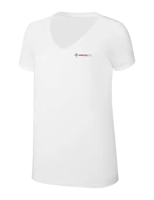 Womens Simply Soft V-Neck White 4.5oz  Poly/Combed Ring Spun Cotton T-Shirt w/Nebraska City Logo