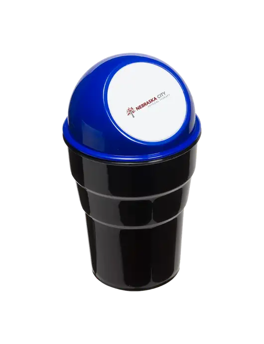 Blue Car Cup Holder Trash Can w/Nebraska City Logo