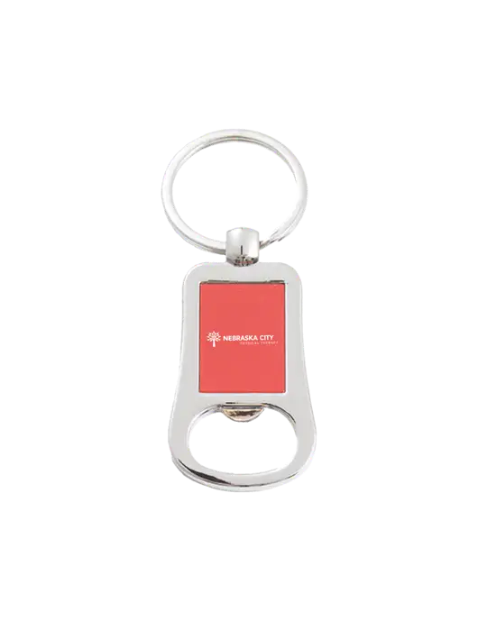 Silver & Red Bottle Opener Keychain w/Nebraska City Logo