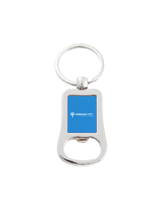 Silver & Blue Bottle Opener Keychain w/Nebraska City Logo