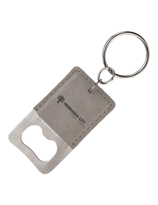 Grey Leatherette Rectangle Bottle Opener Keychain w/Nebraska City Logo