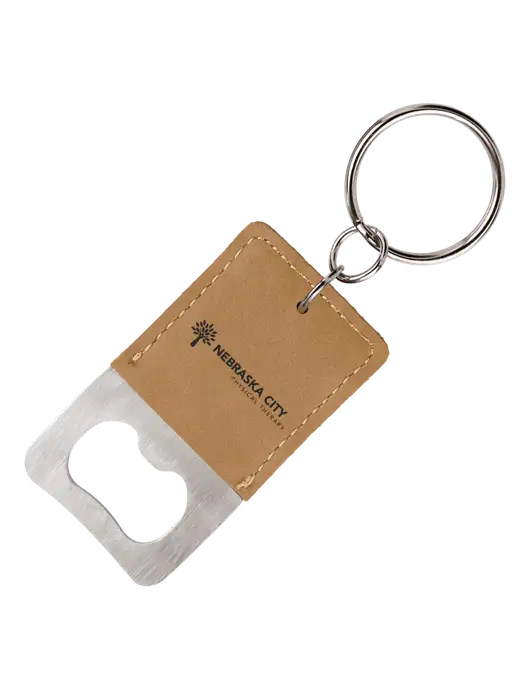 Tan Leatherette Rectangle Bottle Opener Keychain w/Nebraska City Logo