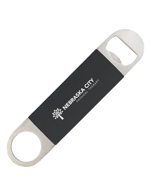 Black Bottle Opener with Silicone Grip w/Nebraska City Logo