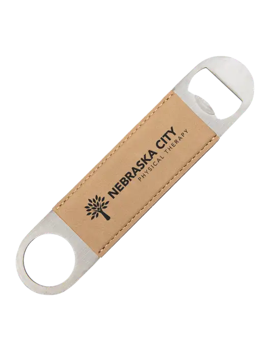 Tan Leatherette Bottle Opener w/Nebraska City Logo