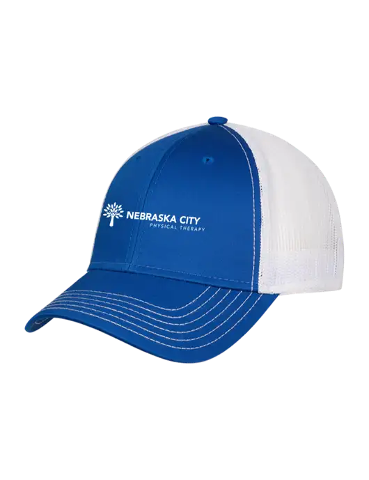 Royal & White Mesh Trucker Cap Snap Back w/Nebraska City Logo