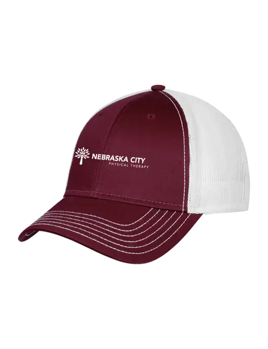 Maroon/Maroon/White Mesh Trucker Cap Snap Back w/Nebraska City Logo