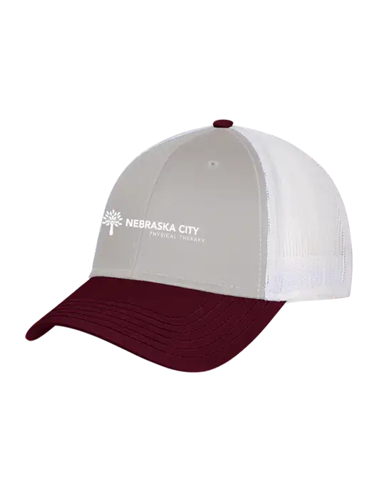 Maroon/Heather Grey/White Mesh Trucker Cap Snap Back w/Nebraska City Logo