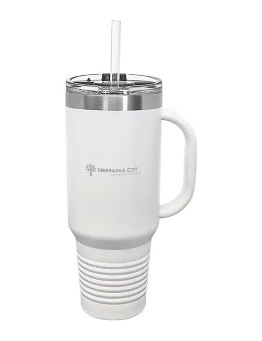 Polar Camel 40 oz. Powder Coated Vacuum Insulated White Travel Mug with Straw w/Nebraska City Logo