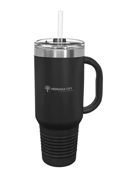 Polar Camel 40 oz. Powder Coated Vacuum Insulated Black Travel Mug with Straw w/Nebraska City Logo