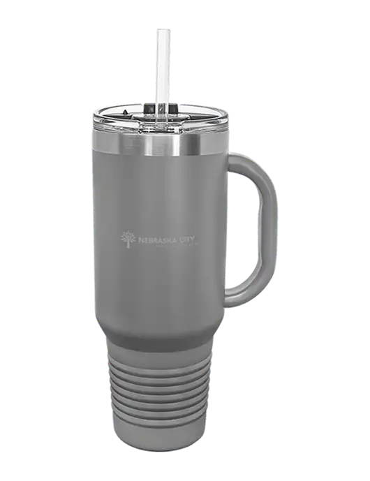 Polar Camel 40 oz. Powder Coated Vacuum Insulated Grey Travel Mug with Straw w/Nebraska City Logo