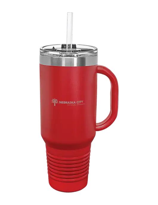 Polar Camel 40 oz. Powder Coated Vacuum Insulated Red Travel Mug with Straw w/Nebraska City Logo