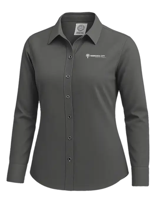Brooks Brothers Womens Dark Grey Wrinkle-Free Stretch Nailhead Shirt w/Nebraska City Logo