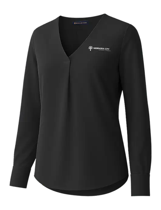 Brooks Brothers Womens Black Open-Neck Satin Blouse  w/Nebraska City Logo