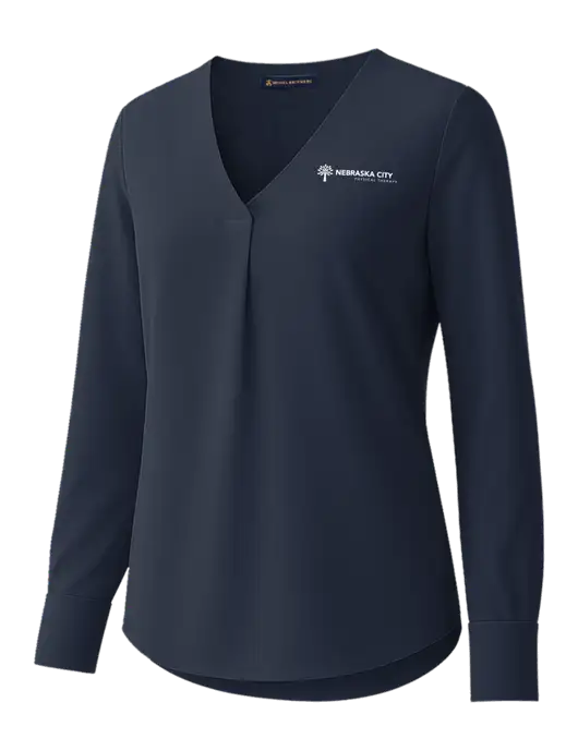 Brooks Brothers Womens Dark Navy Open-Neck Satin Blouse  w/Nebraska City Logo