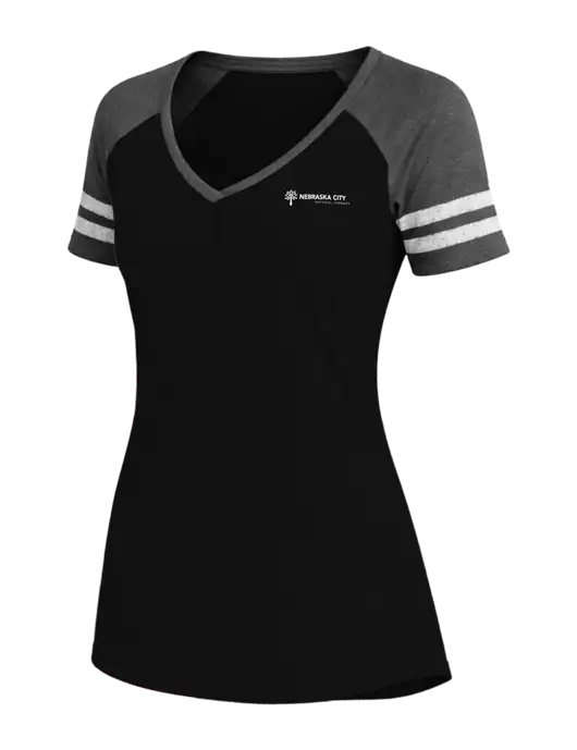 Womens Black/Charcoal Heather V-Neck Game Tee w/Nebraska City Logo