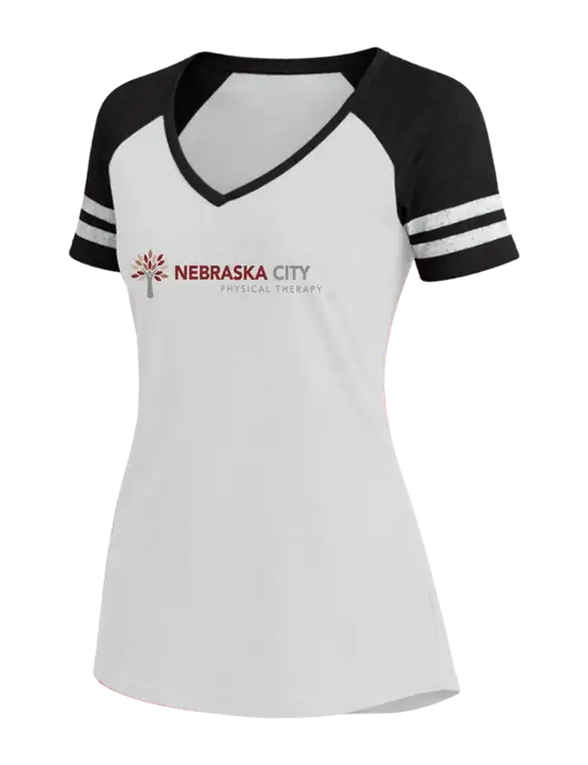 Womens White/Black V-Neck Game Tee w/Nebraska City Logo